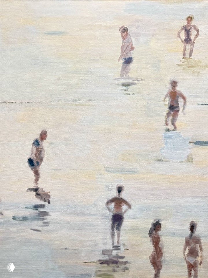 Крупный план акварели с миниатюрными фигурами у воды — нежная палитра и разреженные зарисовки из серии Ольги Чернышевой.