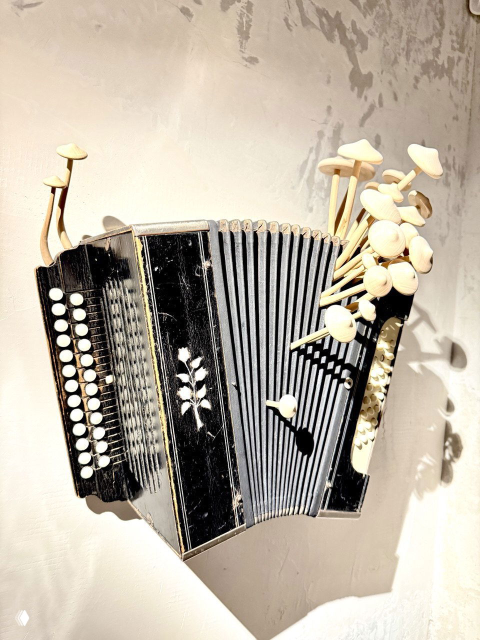 Чёрный баян или аккордеон, из которого словно растут деревянные грибовидные формы — сюрреалистическая объемная инсталляция на стене экспозиции.