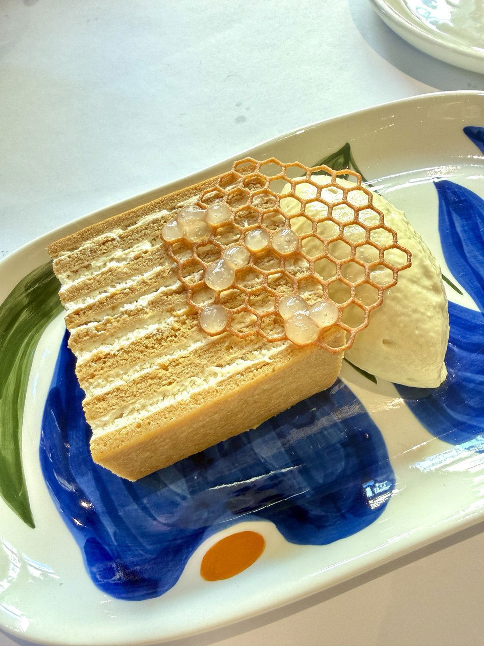 Десерт медовик с кремом из греческого йогурта: аккуратный кусочек торта на раскрашенной тарелке с хрустящей декоративной сеткой сверху и порцией крема.