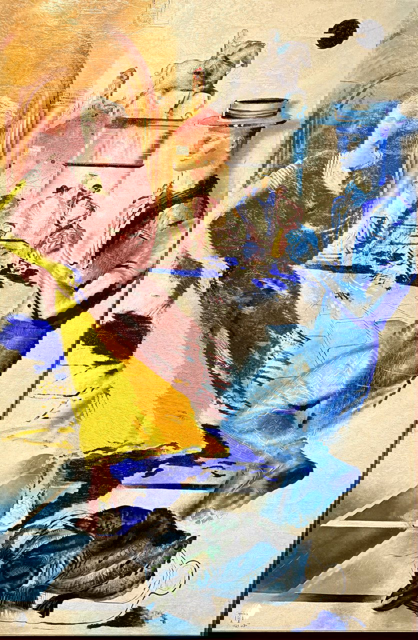 Яркая живописная работа с фигурами и декоративными элементами: насыщенные синие и жёлтые тона, фрагменты фигур и птиц в композиции.