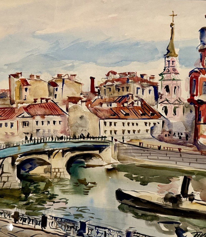 Акварельный городской пейзаж с мостом, домами и собором на горизонте — лёгкая графическая манера и передачи вида Петербурга.
