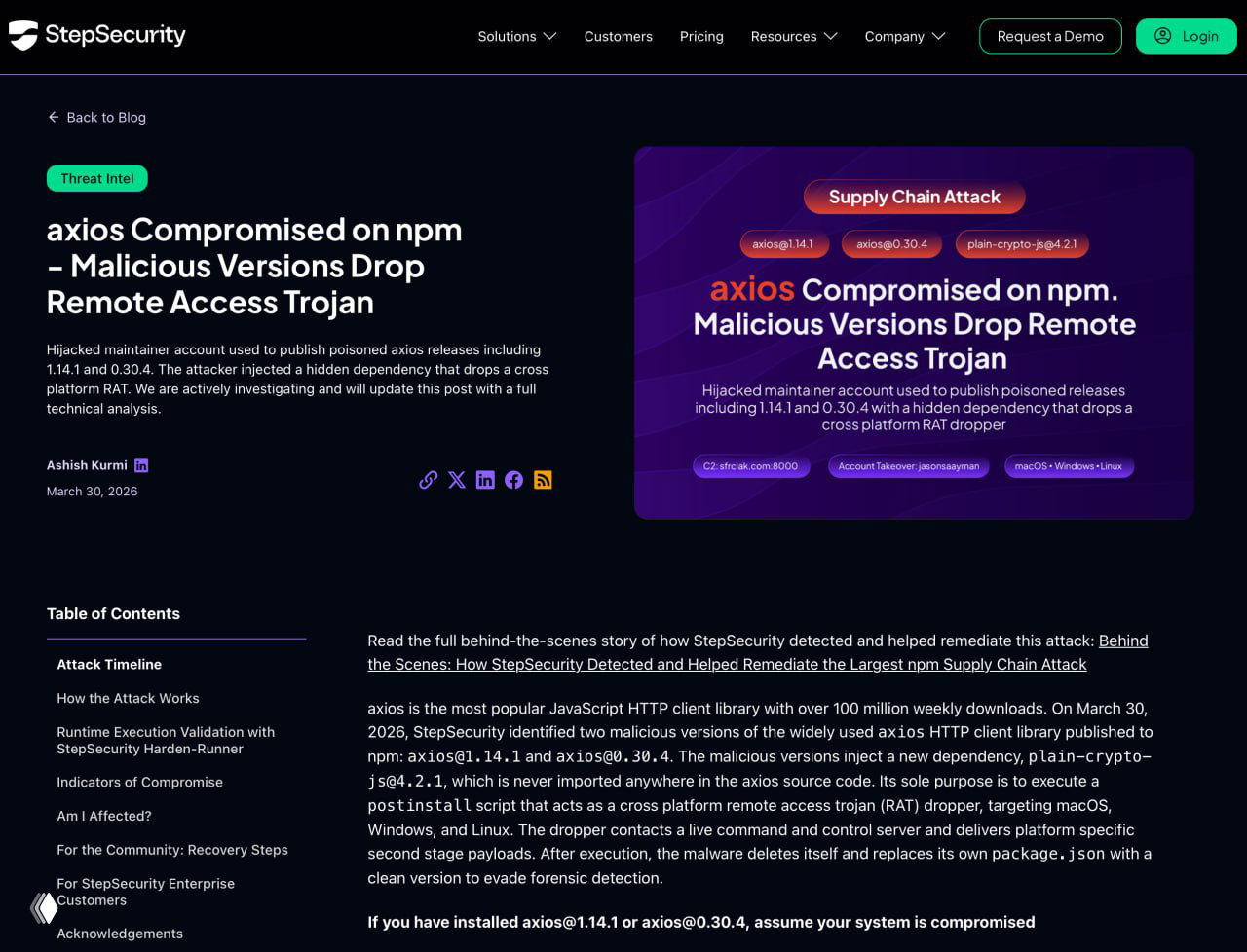 Атака на цепочку поставок: компрометация axios в npm