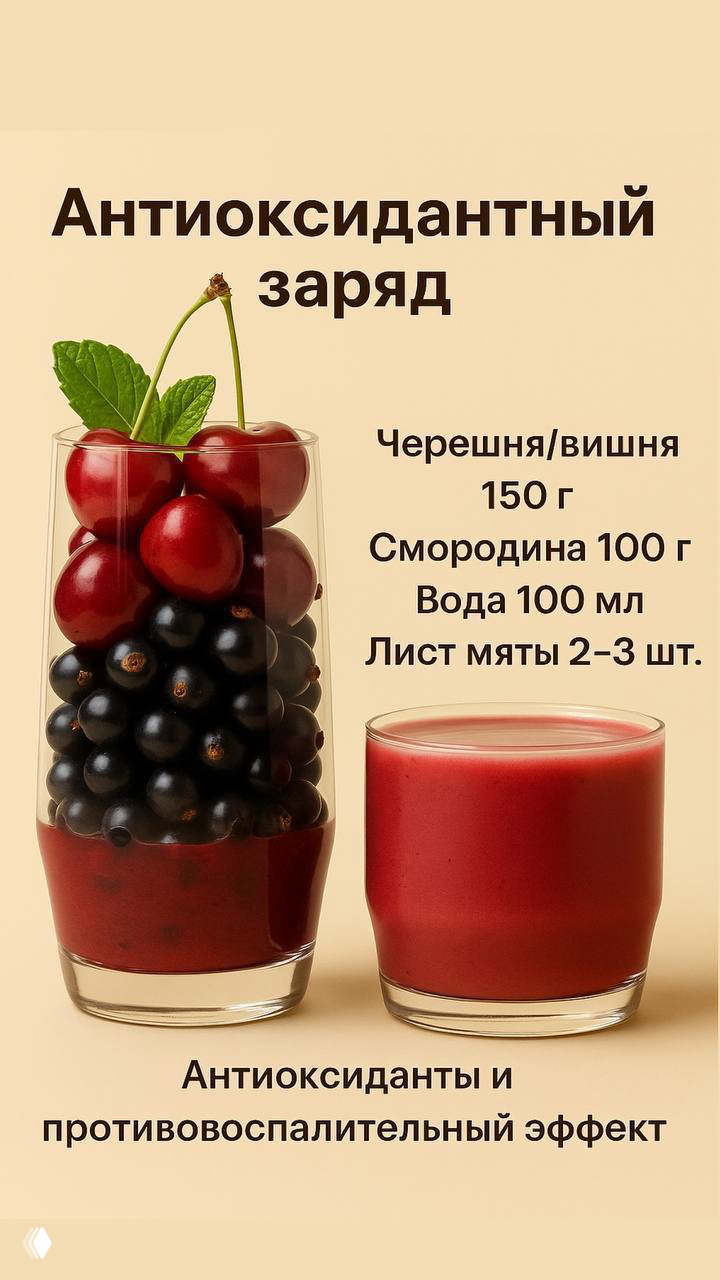 Стакан с вишней/черешней и чёрной смородиной рядом с красным смузи — иллюстрация «Антиоксидантного заряда» с указанием ингредиентов.