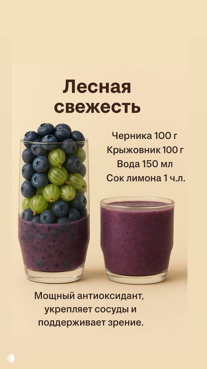 Стакан с черникой и крыжовником рядом с фиолетовым смузи — изображение рецепта «Лесная свежесть» с ингредиентами и пользой для зрения.