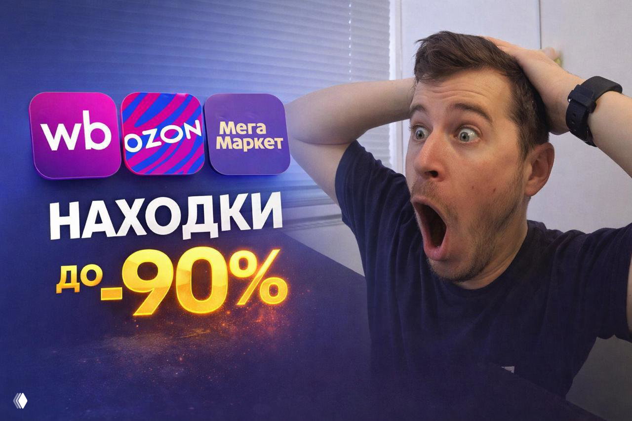 Креатив с удивлённым мужчиной, логотипами WB, Ozon и МегаМаркет и крупным текстом «Находки до 90%», яркий промо-дизайн под распродажу