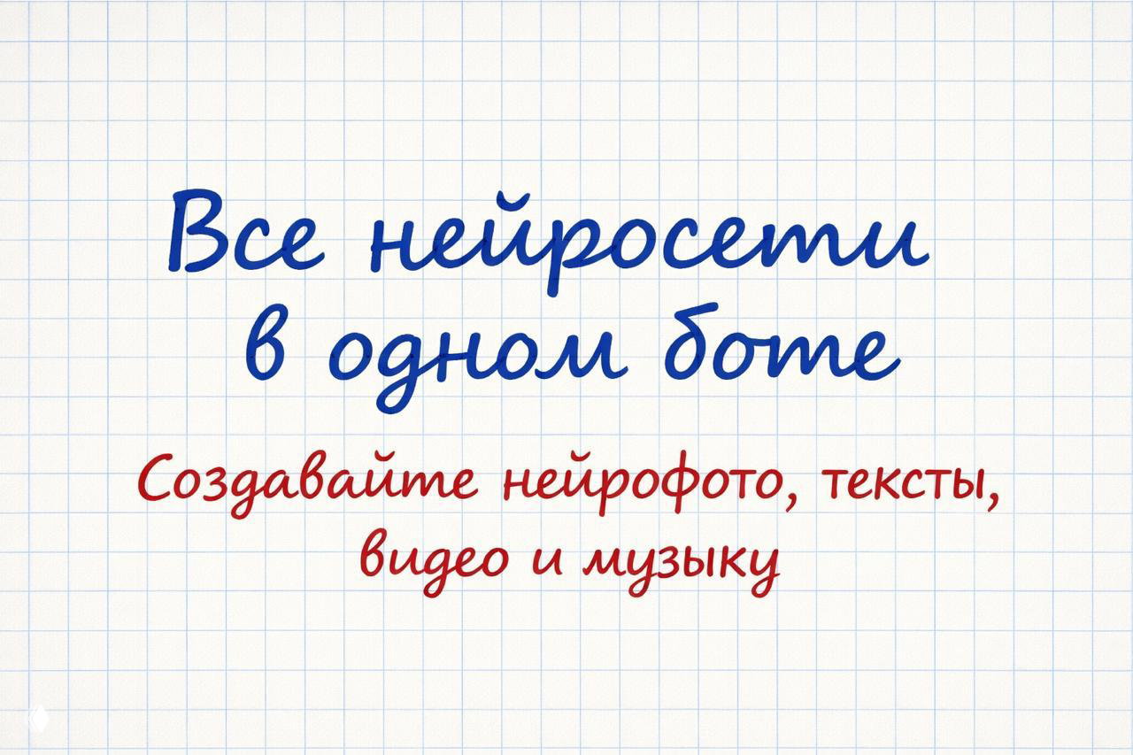 Фон в клетку с рукописным текстом «Все нейросети в одном боте», предложение создавать нейрофото, тексты, видео и музыку — простой визуал с текстом