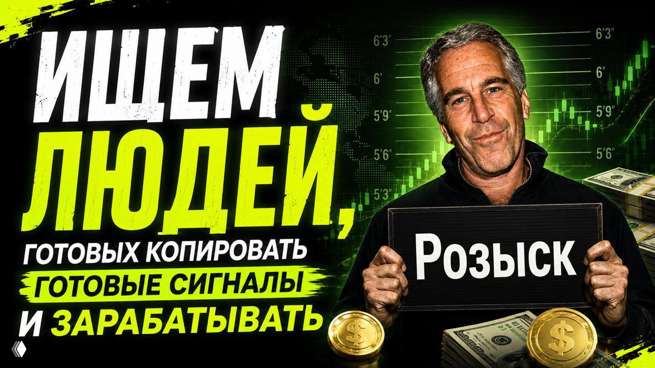 Контрастный рекламный тизер с фотографией мужчины, текст «Ищем людей, готовые копировать сигналы и зарабатывать», графика денег и акцент на прибыли