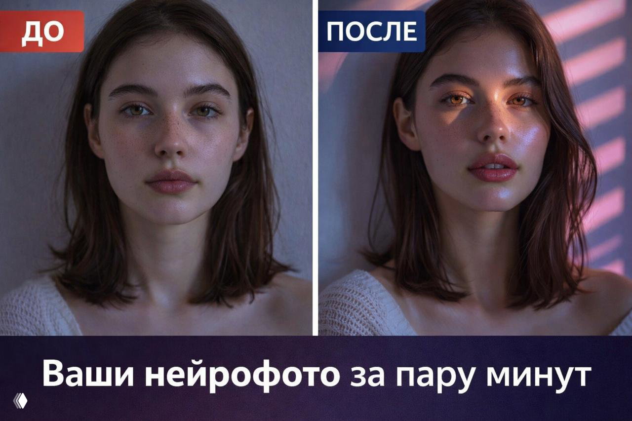 Коллаж «До / После»: портрет женщины до и после обработки, подчёркнута разница в свете и ретуши, подпись «Ваши нейрофото за пару минут»