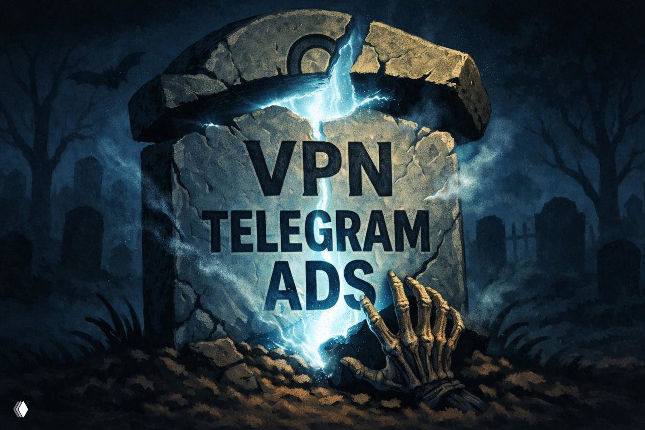Художественная иллюстрация: надгробие с надписью «VPN TELEGRAM ADS», луч света и скелетная рука на фоне мрачного кладбища.