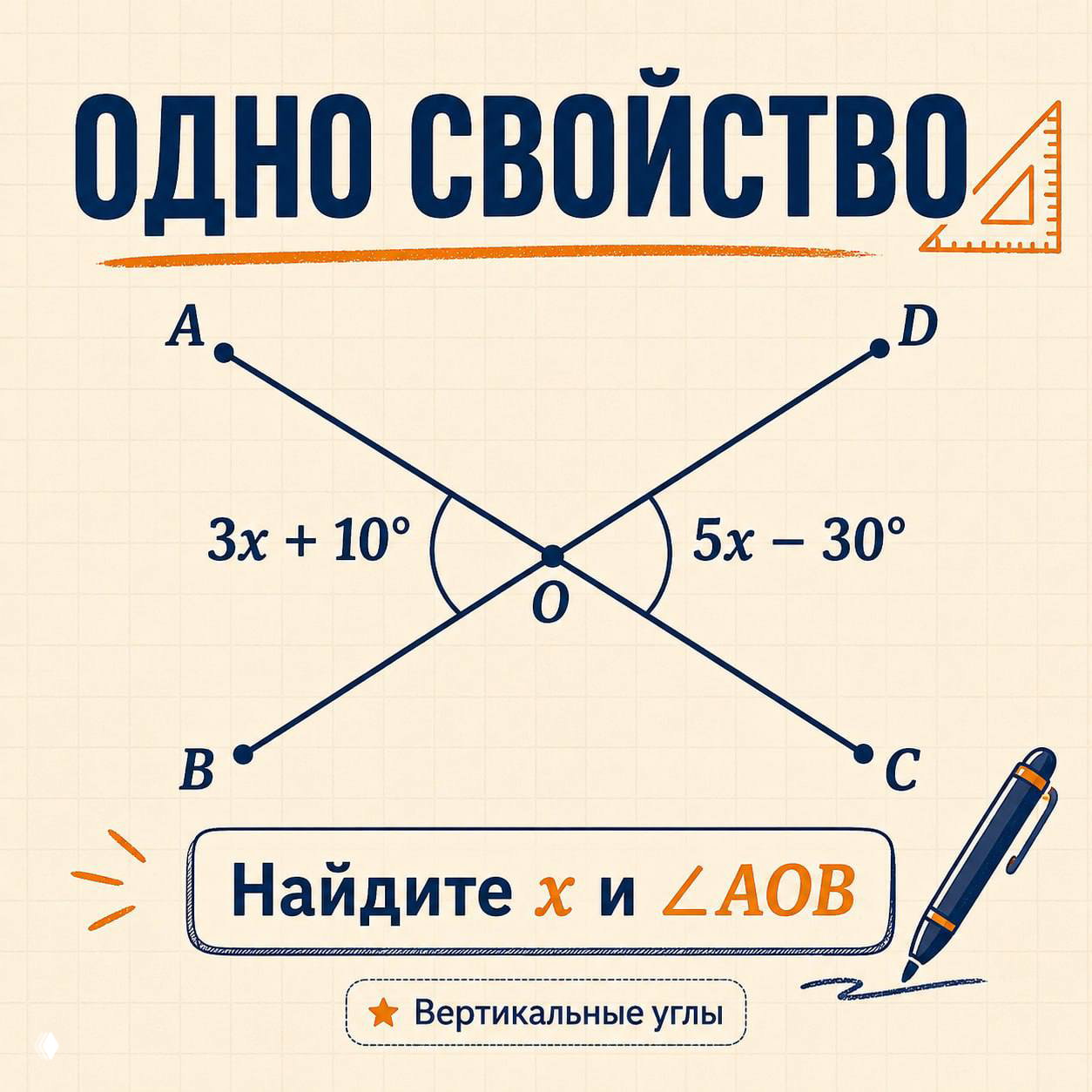 ОДНО СВОЙСТВО 📐 — найти x и ∠AOB