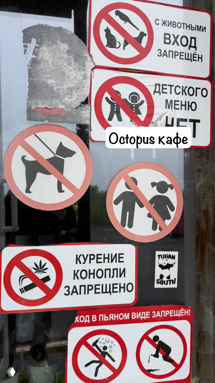 Дверь с множеством запретительных знаков и наклеек рядом с входом в кафе Octopus; видно запреты для животных, детей и курения конопли.