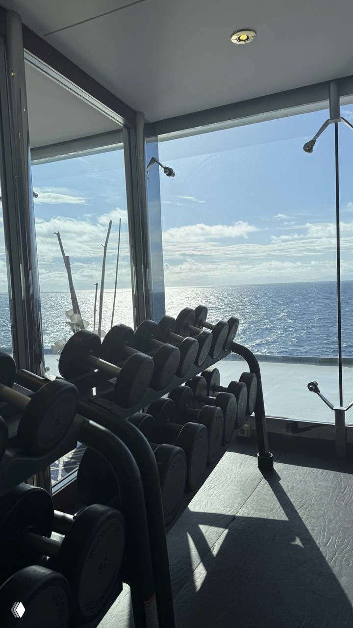 Спортивный уголок на круизном лайнере: гантели на стойке у панорамного окна с видом на море — тренажерный зал с морским пейзажем.