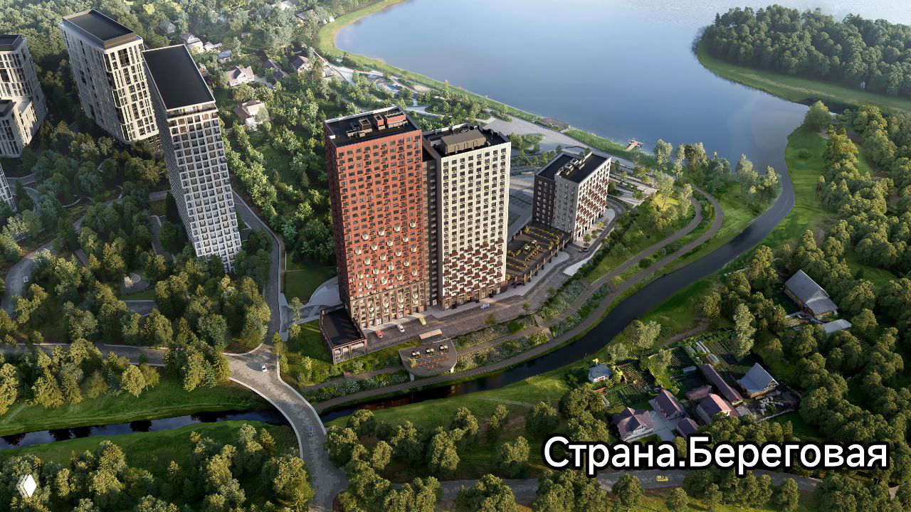 Аэросъёмка жилого комплекса Страна.Береговая у реки: высотные корпуса, набережная и зелёные зоны рядом с Обью, вид сверху на проект.