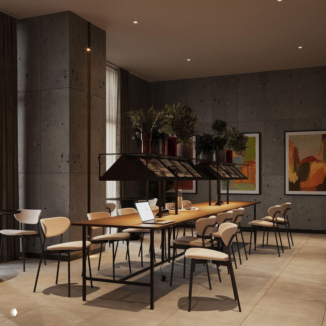 Интерьер рабочего пространства в проекте: коворкинг с длинным общим столом, нейтральный дизайн и комфортная освещённость для работы и встреч.