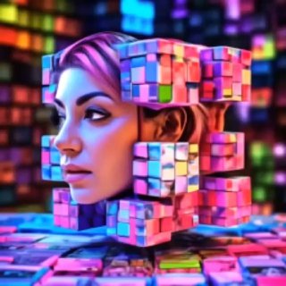Абстрактный цифровой портрет женщины в ярких неоновых тонах, окружённой цветными кубами и пикселями; футуристическая метафора мыслей и символики.