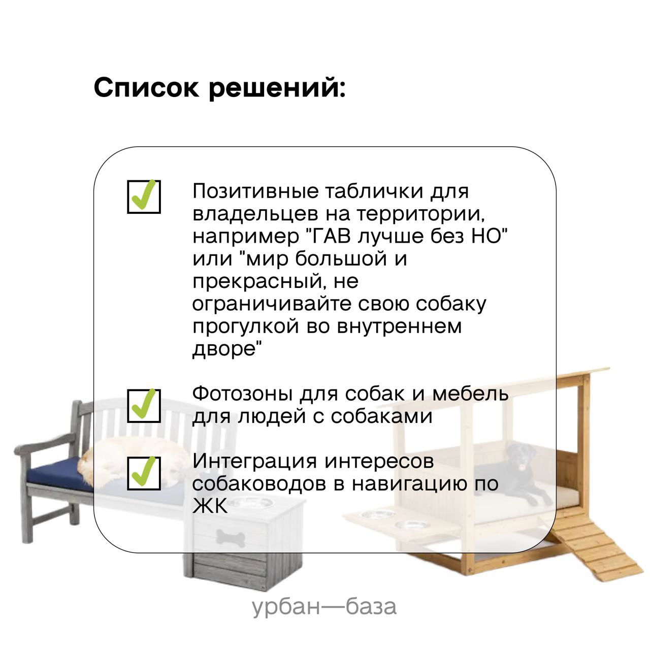 Информационная карточка со списком решений для выгула собак: позитивные таблички, фотозоны и мебель для владельцев с собаками, визуализация идей.