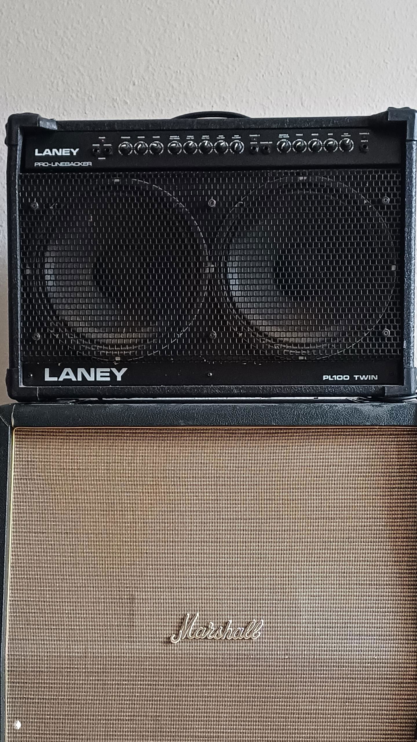 Два гитарных кабинета и усилитель — Laney сверху и Marshall снизу, вид спереди на решётки динамиков и логотипы брендов для подтверждения модели.