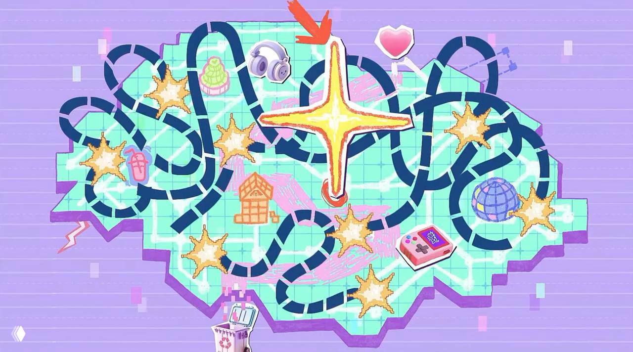 Цветная иллюстрация с дорожками и звёздочками, напоминающая игровую карту или схему уровней — стилевое изображение для серии.