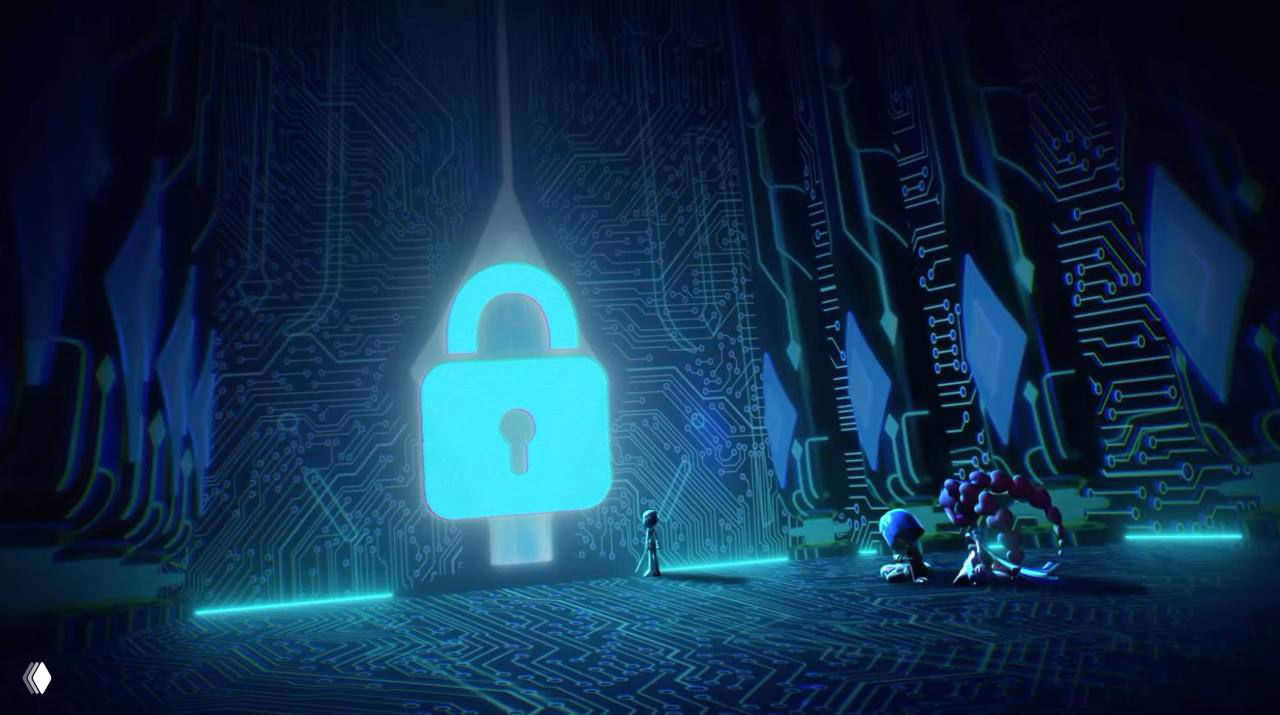 Сцена с большим голубым замком-значком на фоне печатной платы и небольшими персонажами — метафора безопасности и технологий в анимации.