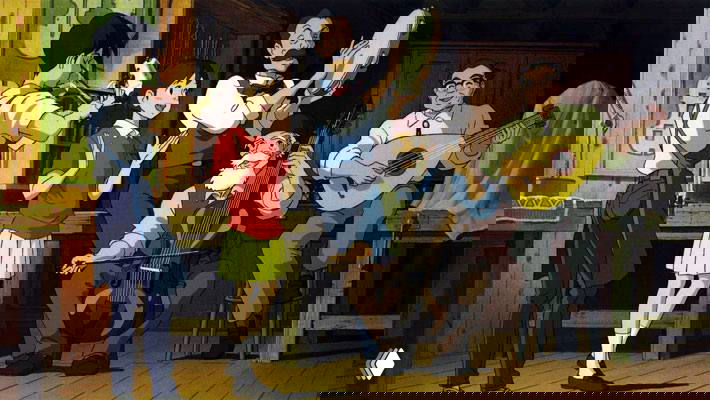 Музыкальная семейная сцена: несколько персонажей играют на скрипке, контрабасе и гитаре в тёплом интерьере, атмосфера праздника и совместного творчества.