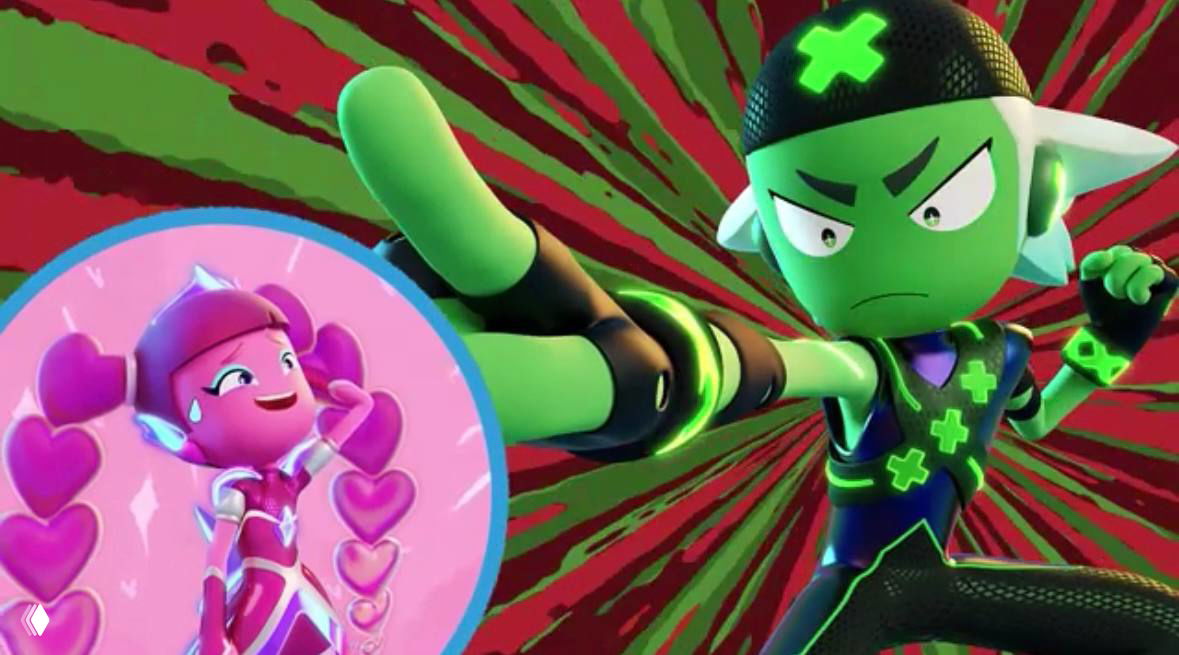 Сцена из «Технолайка»: зелёный герой в динамичной позе и розовый персонаж в кружке, контрастная графика и эффект движения в 3D-анимации.