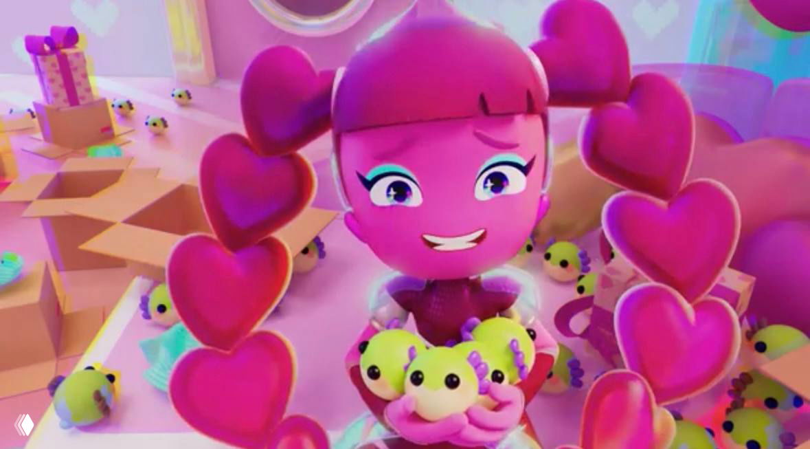 Кадр с розовой героиней, держащей множество маленьких игрушек, яркая палитра и милый дизайн персонажей в детской 3D-анимации.