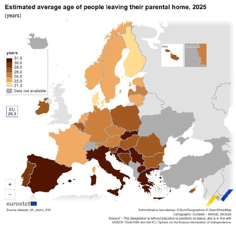 Когда молодые европейцы съезжают от родителей?