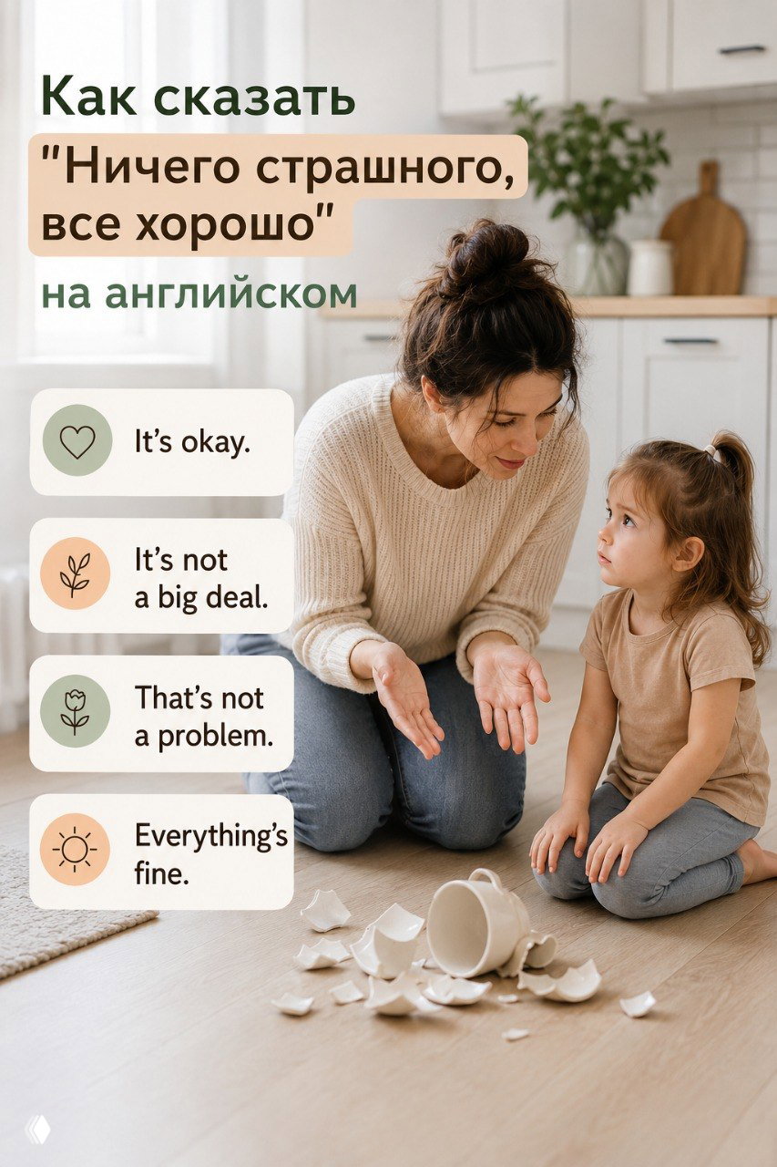 Мама успокаивает маленькую дочь после разбитой чашки на кухне; видно осколки на полу, тёплая и поддерживающая домашняя обстановка.