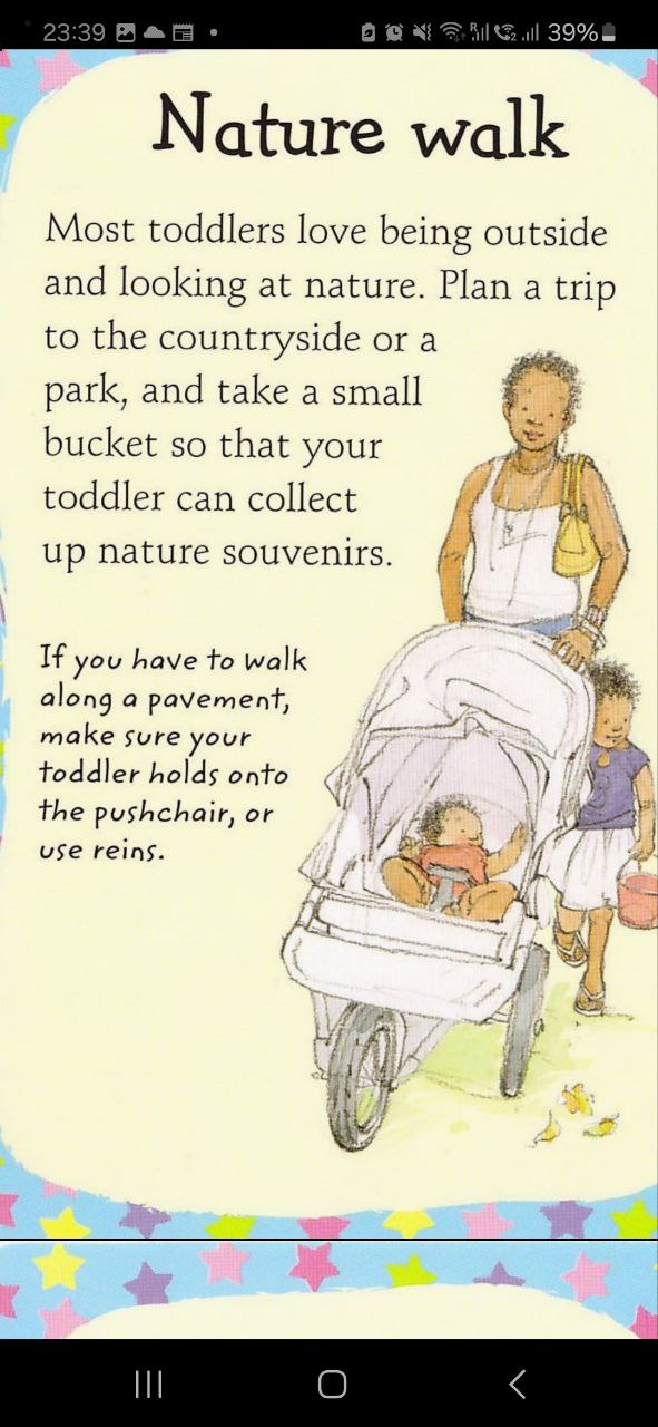 Страница карточки «Nature walk»: текст с советами для прогулки с малышом и иллюстрация взрослого с коляской и ребёнком на фоне парка, спокойная палитра.