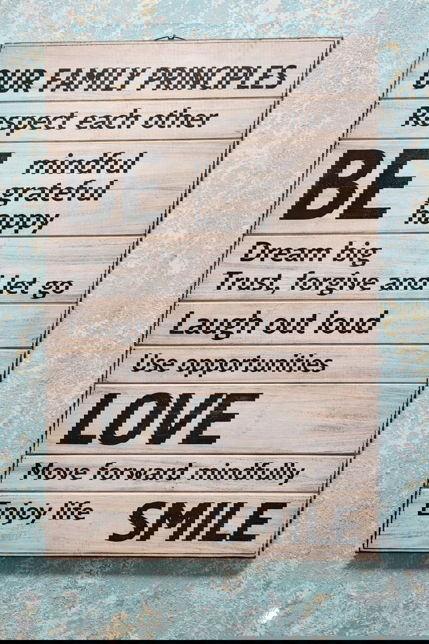 Фотография таблички с английским текстом «OUR FAMILY PRINCIPLES»: список правил семьи на деревянных панелях, декоративная голубая стена на фоне, интерьер кафе.