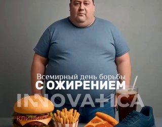 Мужчина с выраженным ожирением на фоне фастфуда (гамбургеры, картофель фри) и спортивных кроссовок; виден логотип клиники.