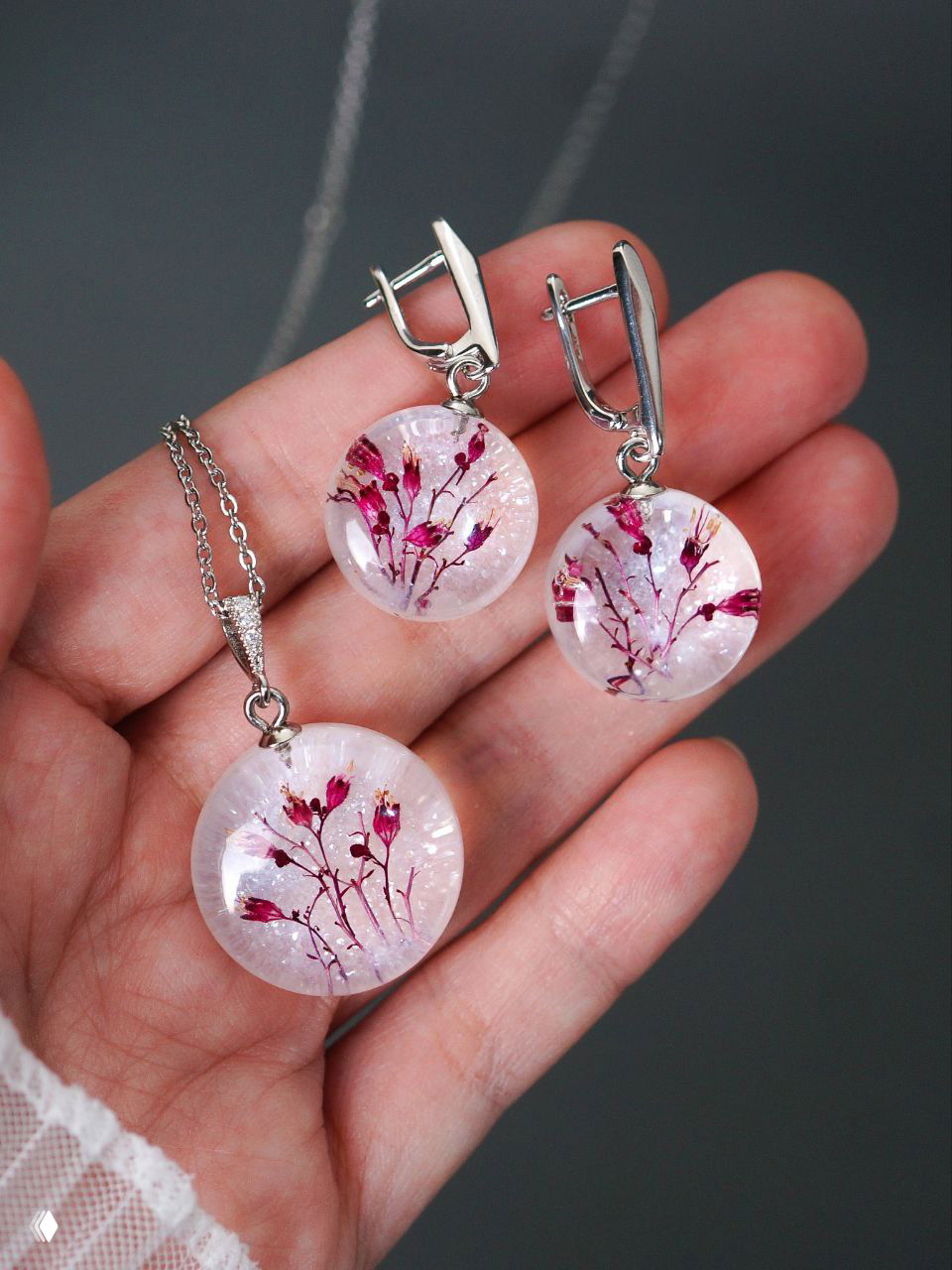 Набор украшений — кулон и серьги с розовыми засушенными цветками в прозрачной смоле, показаны в руке для масштаба и текстуры поверхности.
