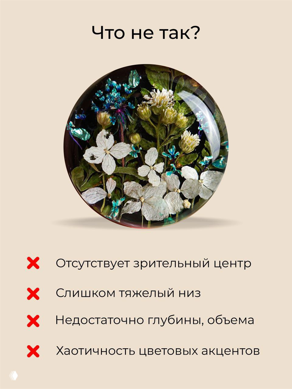 Картинка той же «таблетки» с гортензиями на бежевом фоне и подписью «Что не так?»; видна маркированная критика композиции.