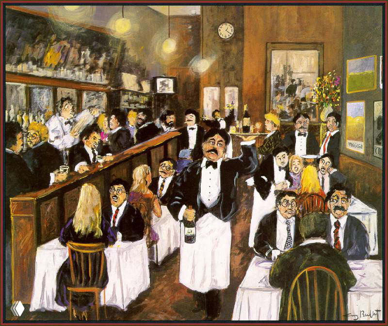 Картина Ги Бюффе: интерьер парижского ресторана, официант в смокинге с подносом и множество гостей за столами в характерной манере художника — бытовая сцена с тёплой палитрой.