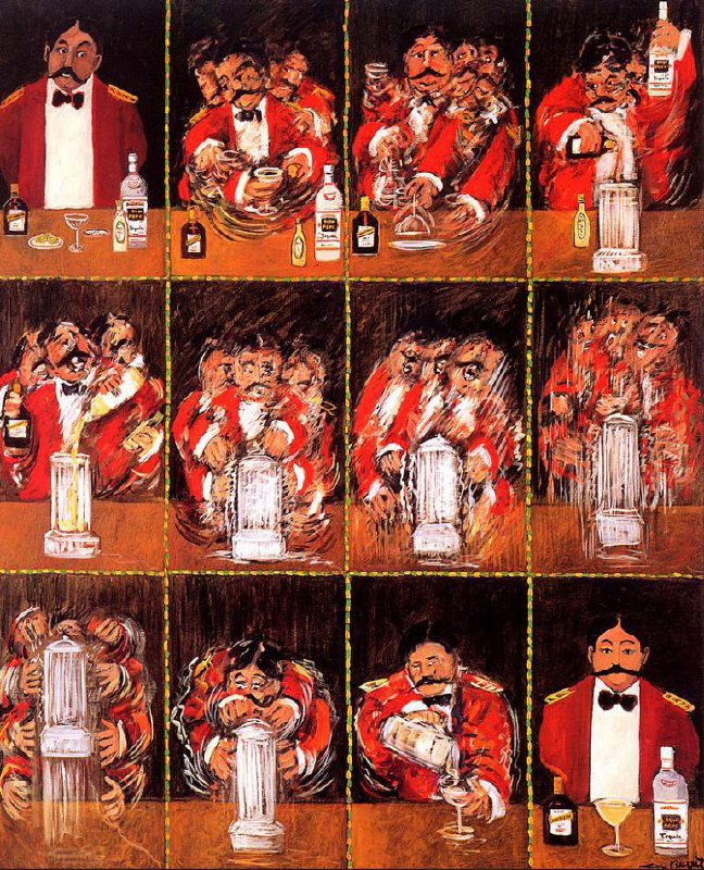 Ещё один фрагмент карикатурных сцен с официантами и столами; изображение частично повреждено цифровыми артефактами, присутствует цветовой шум и размытость деталей.