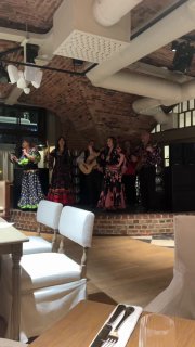 Цыганский ансамбль на сцене ресторана «Таможня»: несколько музыкантов и певиц в ярких костюмах, публика за столиками в зале.