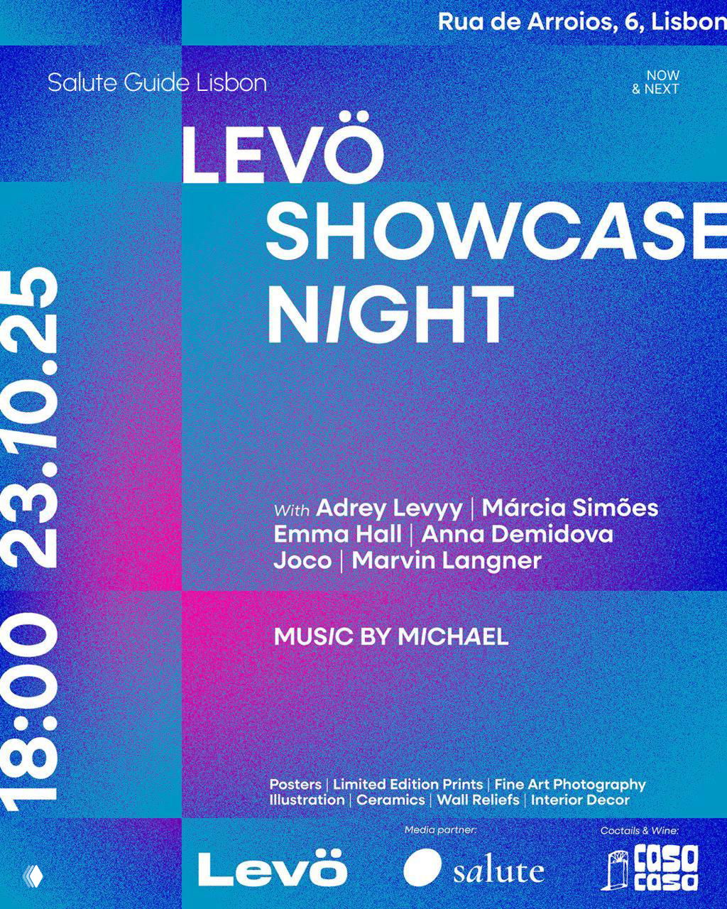 Colourful poster graphic for Levö Showcase Night with event details and typographic design promoting an arts and music night in Lisbon.