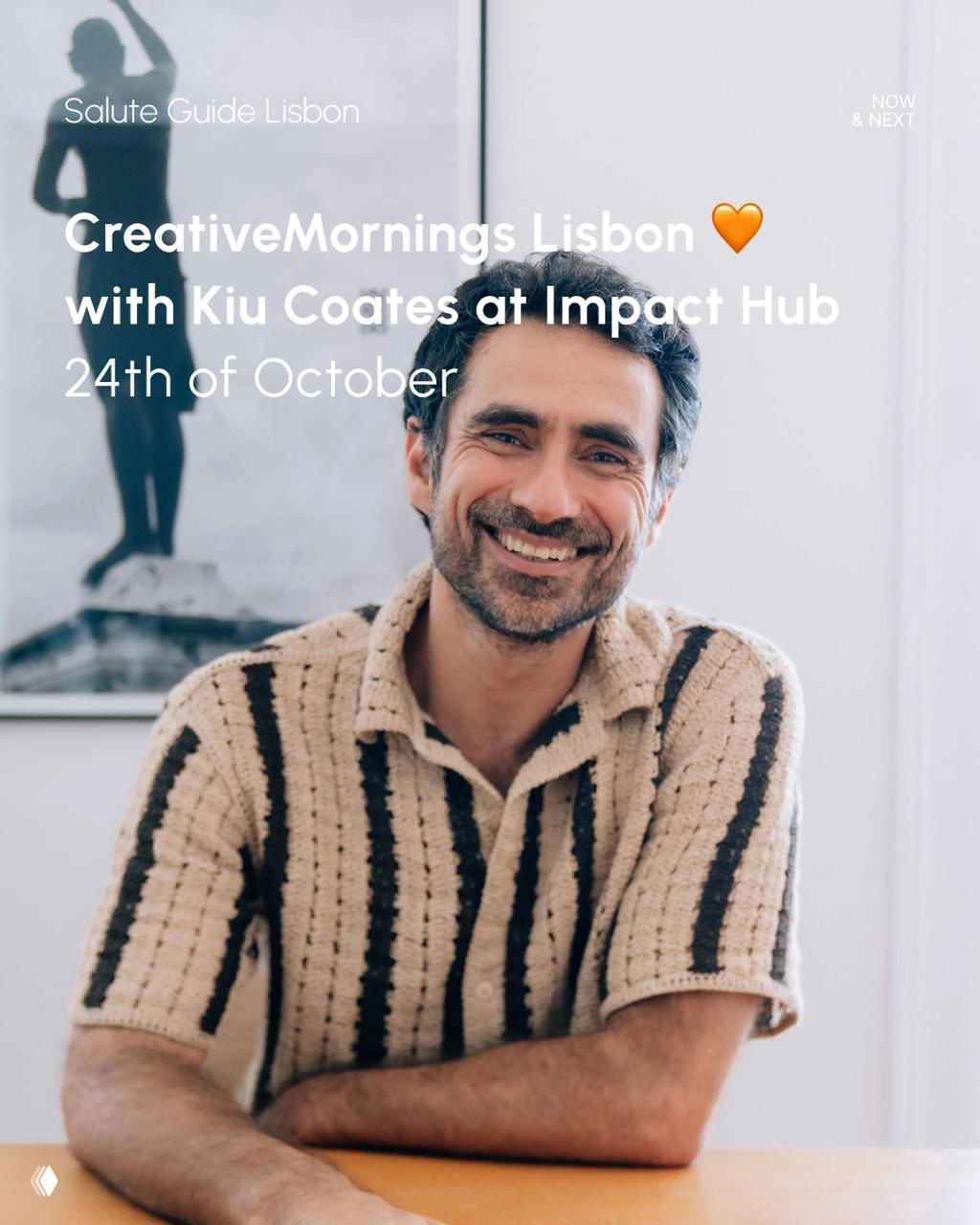 Portrait of a smiling man used to promote CreativeMornings Lisbon with Kiu Coates at Impact Hub, friendly face indicating a local talk or meetup.