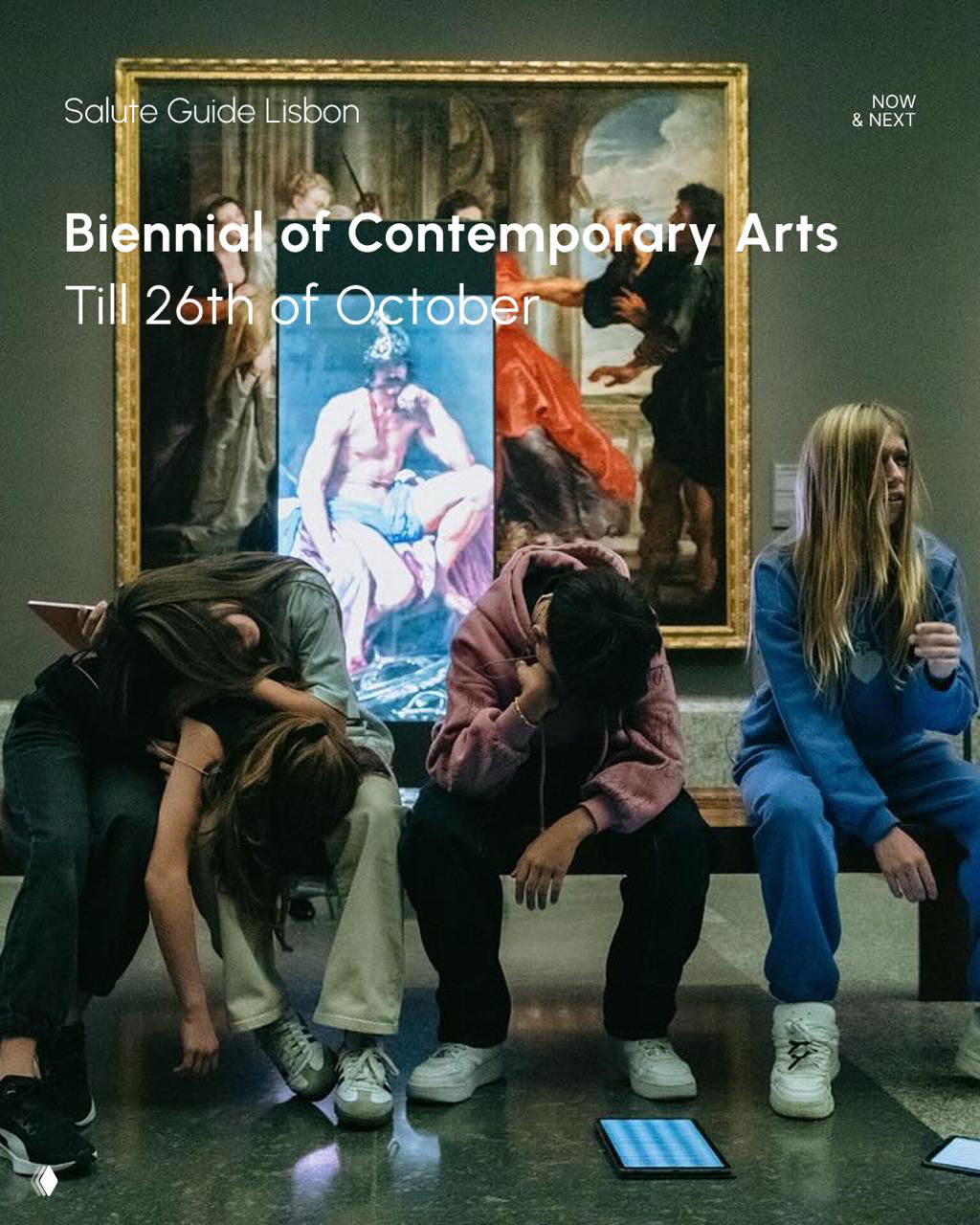 Visitors at a contemporary art biennial photographed in a museum space with a classical painting in the background, promoting arts listings in Lisbon.