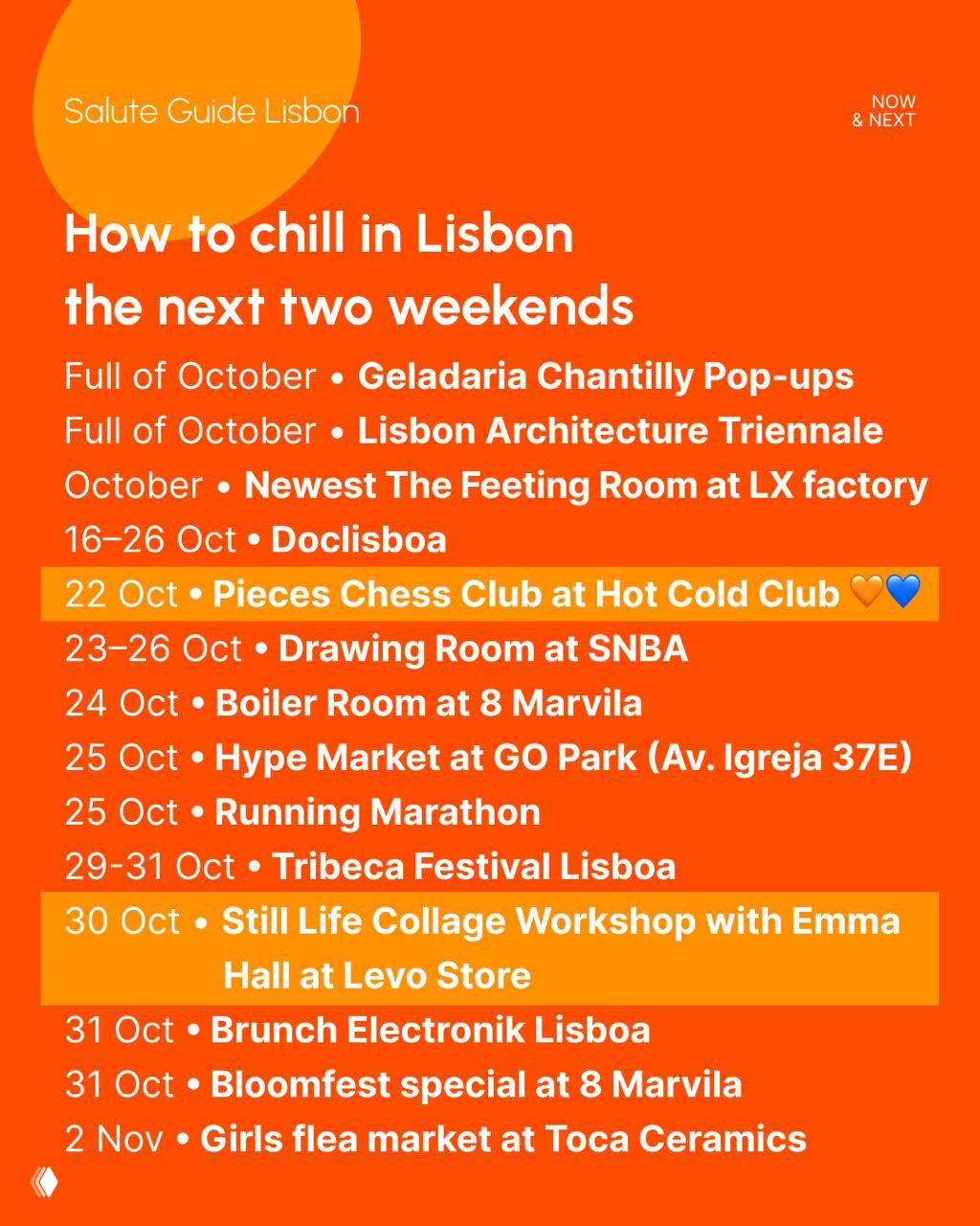 Bright orange graphic listing weekend events and highlights for Lisbon, showing dates and short event blurbs in a high-contrast layout.