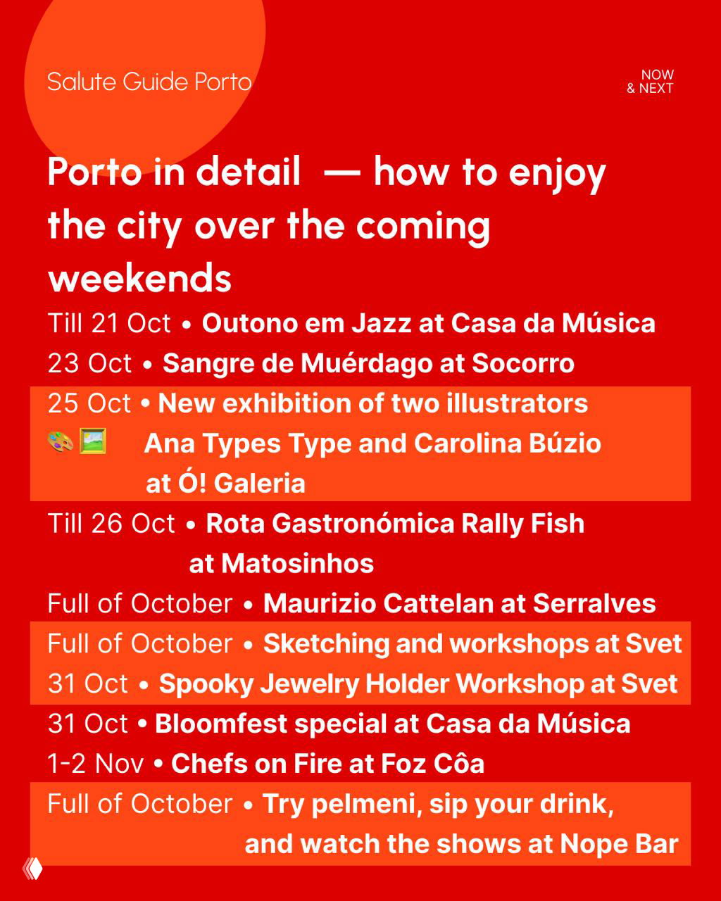 Red poster-style graphic listing Porto events and exhibitions, including dates and highlighted items for the coming weeks in Porto's cultural calendar.