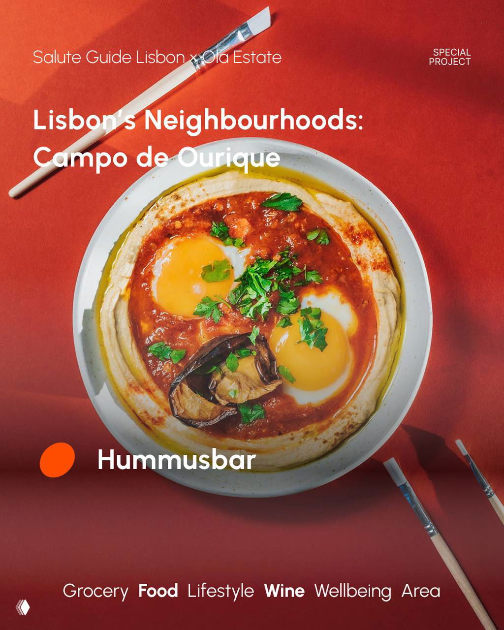 Top-down image of a hummus bowl topped with eggs, parsley and charred eggplant on a red background, styled as a food feature for the guide.
