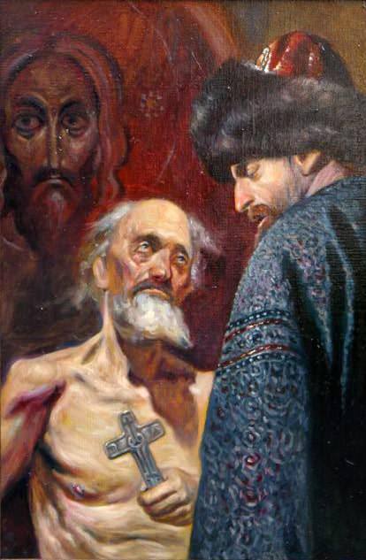 Живописное изображение старца-юродивого с крестом на груди и человеком из власти; сцена помощи и противостояния в историческом контексте.