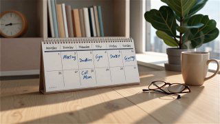 Настольный откидной календарь на деревянном столе с пометками дат, рядом очки, кружка и комнатное растение — рабочая сцена планирования недели.