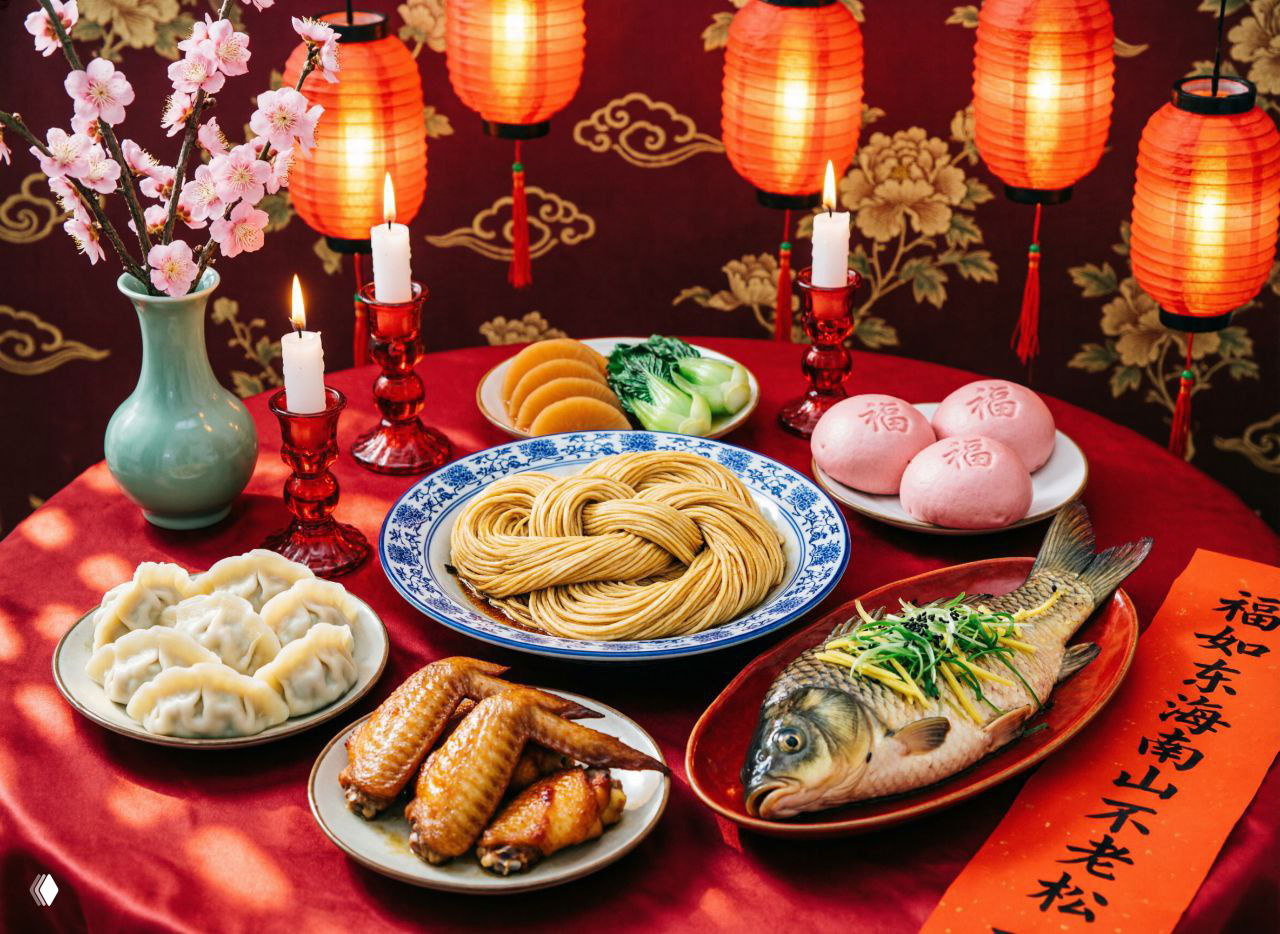Праздничный стол с традиционными блюдами: длинная лапша, целая рыба, пельмени и мандарины на фоне красных фонарей и украшений.
