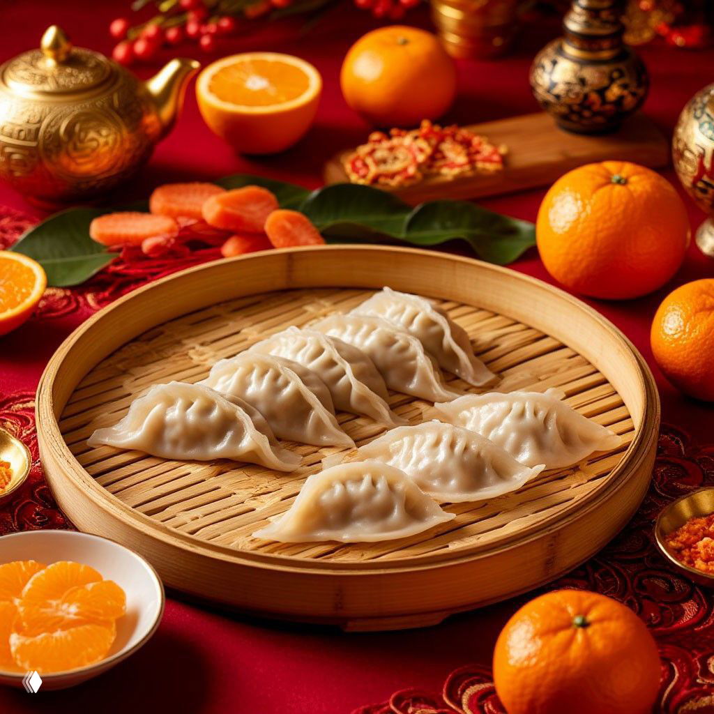 Бамбуковая корзина с пельменями (цзяоцзы) на праздничном столе в окружении мандаринов и красных декораций — символы богатства и удачи.