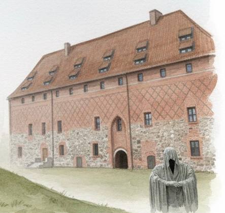 Иллюстрация или фотография замка Тапиау: кирпичное здание с высокими стенами и чердачными окнами, на переднем плане скульптурная фигура у входа.