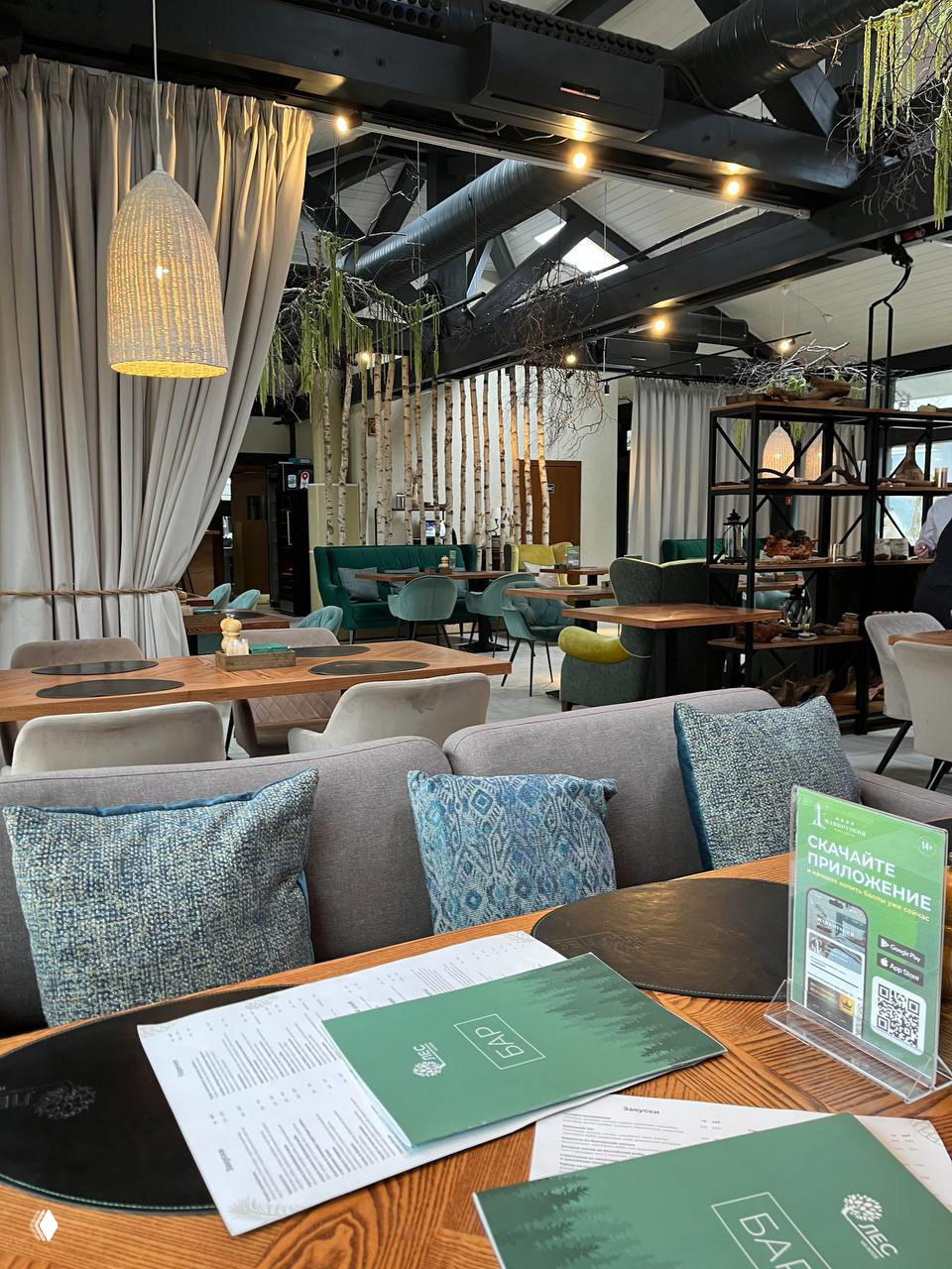 Интерьер ресторана с берёзовыми стволами, плетёными лампами, мягкими диванами и столиками в спокойной цветовой гамме.