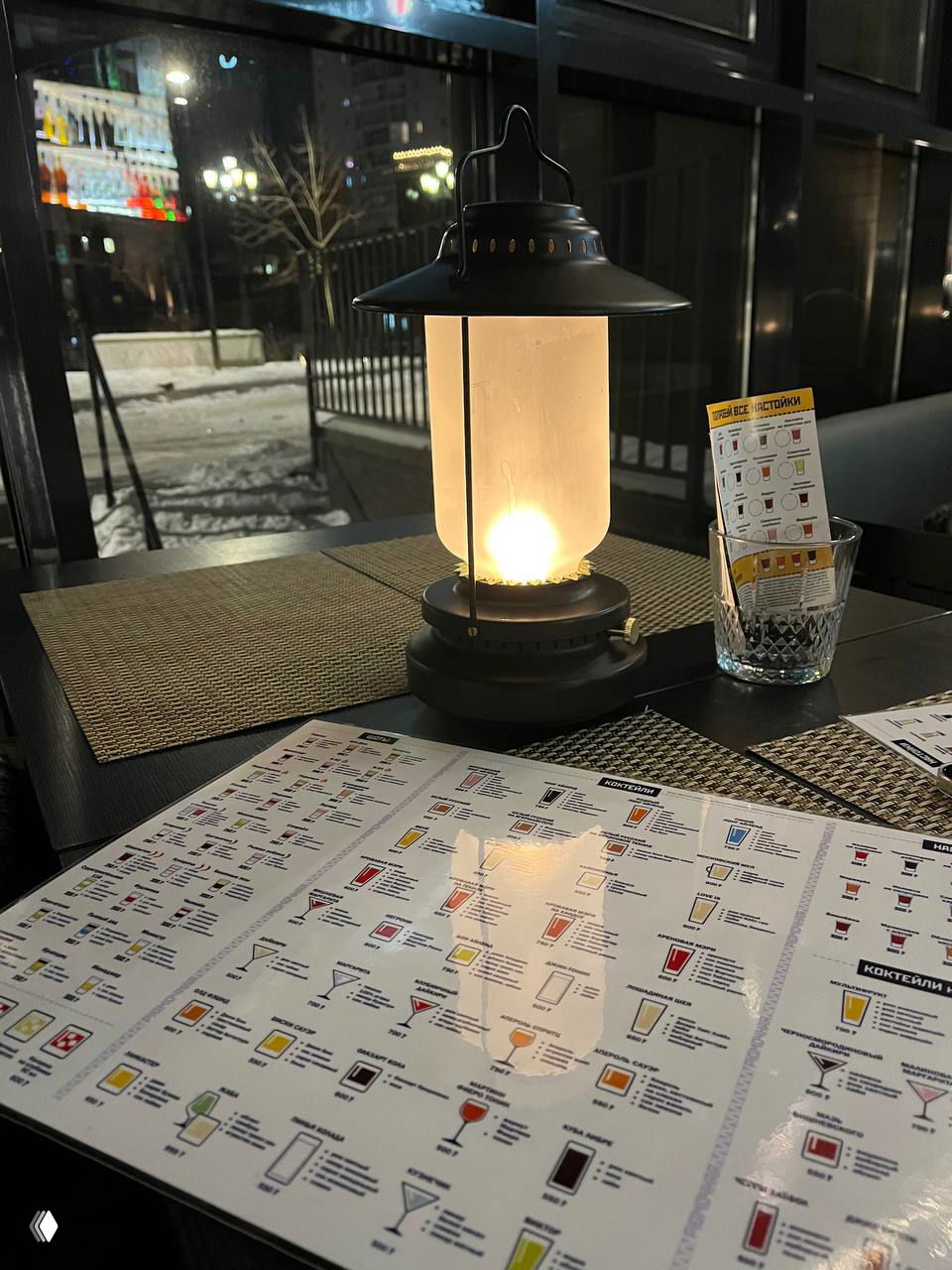Интерьер рюмочной: стол с настольной лампой и развёрнутым меню настоек и коктейлей, через окно видна заснеженная улица и огни города.