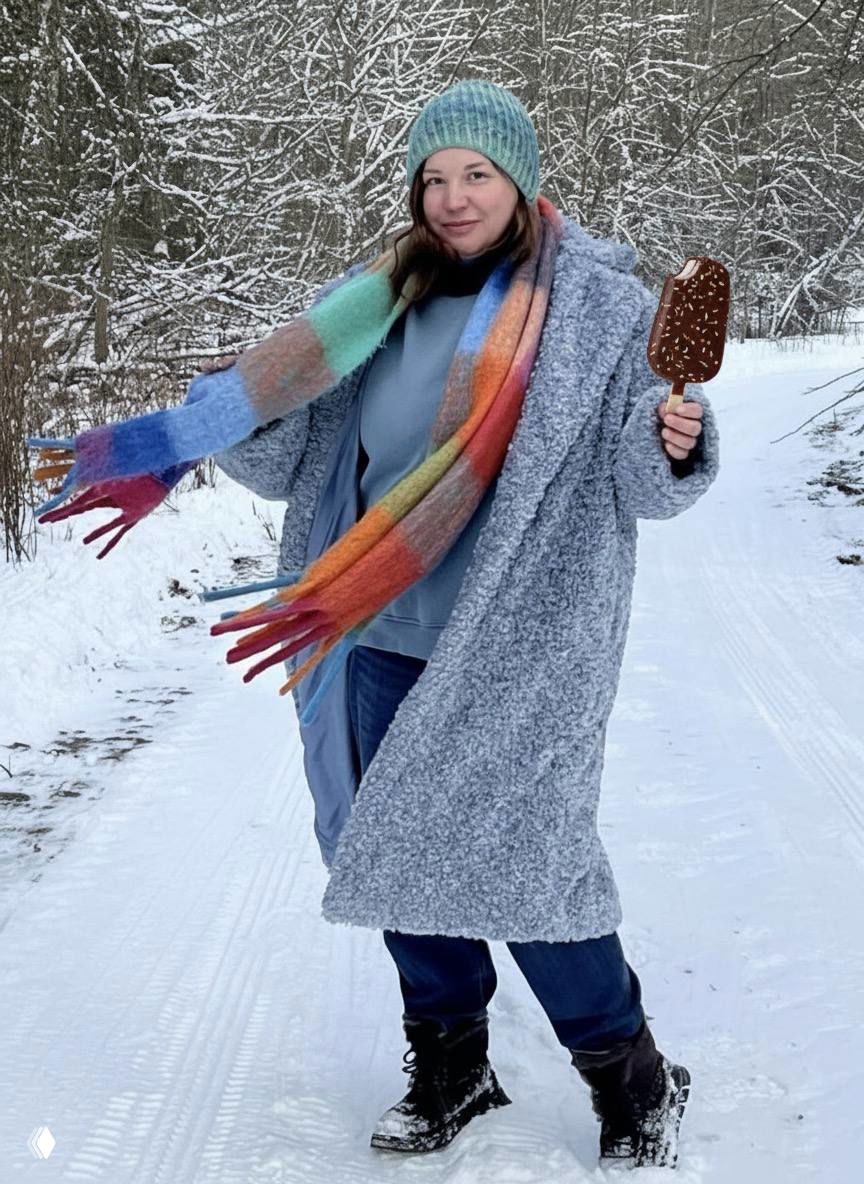 Женщина в сером пальто и цветном шарфе на заснеженной лесной тропе в Калининграде, держит эскимо в шоколадной глазури.